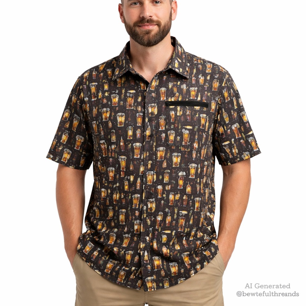 Projek Raw 3XL Black Beer Print Short Sleeve Button-Up Shirt